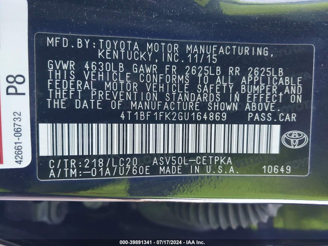 Toyota CAMRY XSE 2016 4T1BF1FK2GU164869 Image 9
