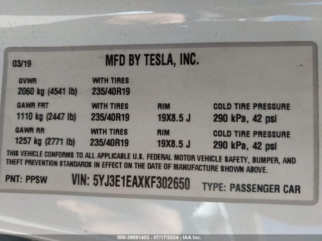 2019 Tesla Model 3 Long Range/mid Range/standard Range/standard Range Plus მანქანა იყიდება აუქციონზე, vin: 5YJ3E1EAXKF302650, აუქციონის ნომერი: 39891403