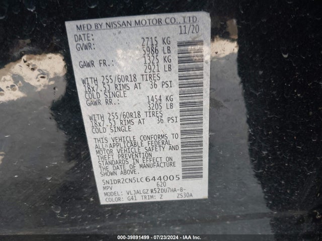 Nissan Pathfinder Sl 2wd 2020 5N1DR2CN5LC644005 Image 9