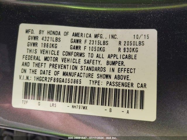 Honda Accord Ex-l 2016 1HGCR2F89GA050865 Image 9