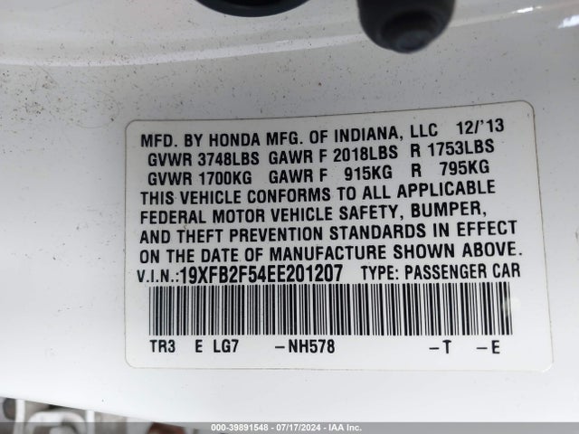 Honda Civic Lx 2014 19XFB2F54EE201207 Image 9