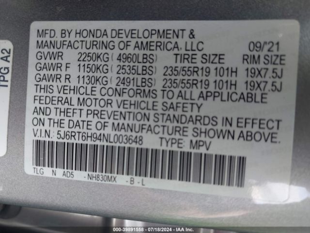 5J6RT6H94NL003648 Honda Cr-v Hybrid Touring