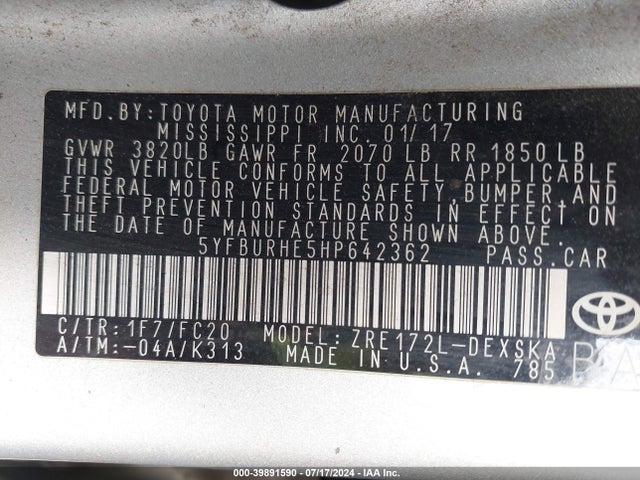 Toyota COROLLA SE 2017 5YFBURHE5HP642362 Image 9