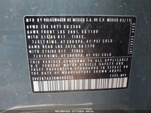 3VV2B7AX7KM096332 Volkswagen Tiguan 2.0t Se/2.0t Sel/2.0t Sel R-line/2.0t Sel R-line Black