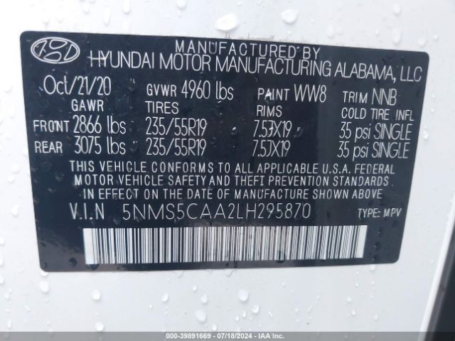 5NMS5CAA2LH295870 Hyundai Santa Fe Limited 2.0t