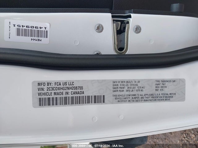 2C3CDXHG2NH208755 Dodge Charger Gt Rwd