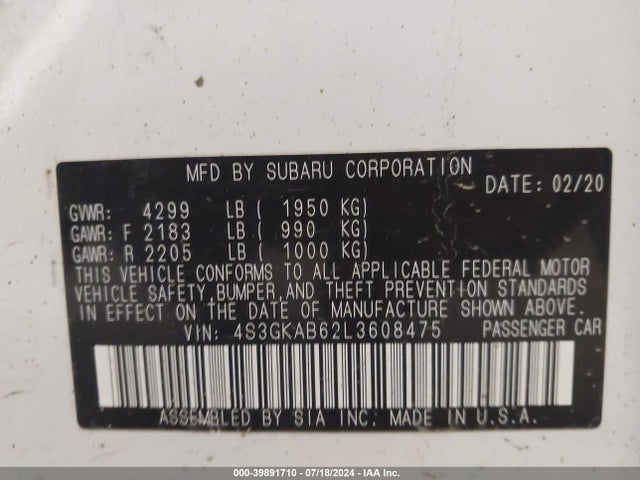 Subaru IMPREZA SEDAN 2020 4S3GKAB62L3608475 Image 9