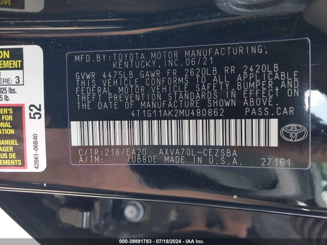Toyota CAMRY SE 2021 4T1G11AK2MU480862 Image 9