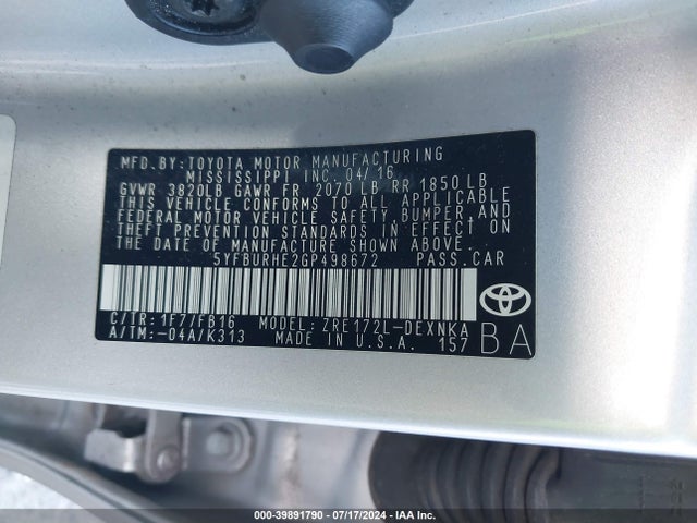 Toyota COROLLA LE 2016 5YFBURHE2GP498672 Image 9