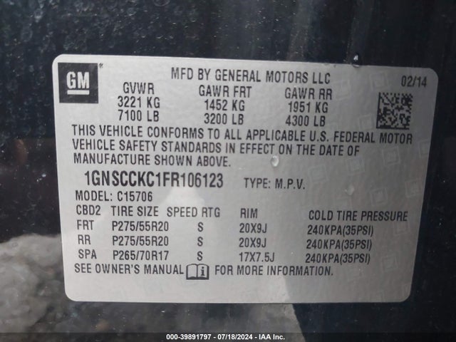 1GNSCCKC1FR106123 Chevrolet Tahoe Ltz