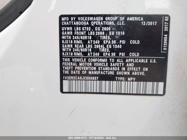 1V2ER2CA5JC550837 Volkswagen Atlas 3.6l V6 Sel