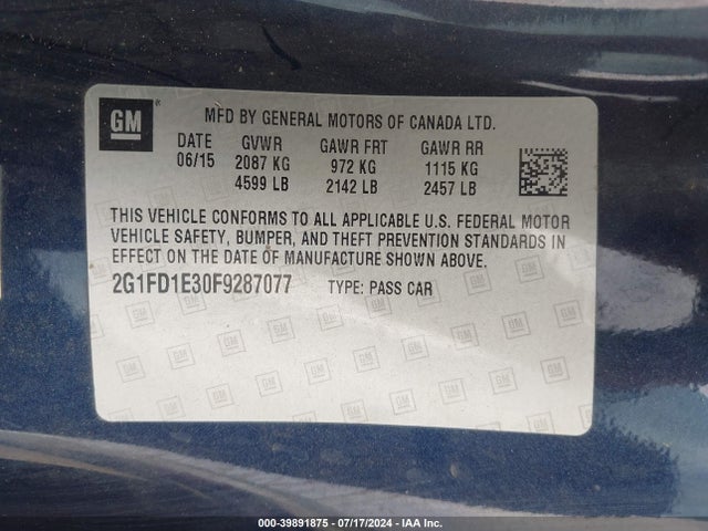 Chevrolet Camaro 1lt 2015 2G1FD1E30F9287077 Image 9