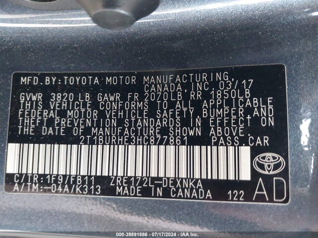 Toyota COROLLA LE 2017 2T1BURHE3HC877861 Image 9