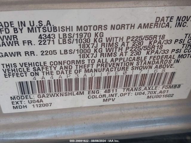 4A4AP3AU1FE017168 Mitsubishi Outlander Sport Es