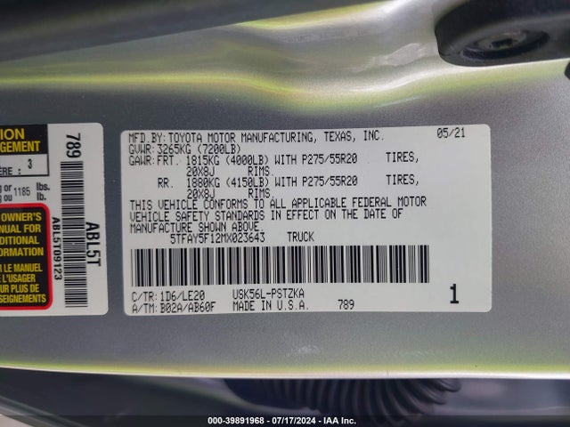 Toyota Tundra Platinum 2021 5TFAY5F12MX023643 Image 9