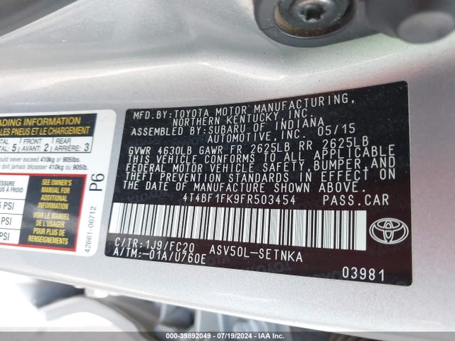 Toyota CAMRY LE 2015 4T4BF1FK9FR503454 Image 9