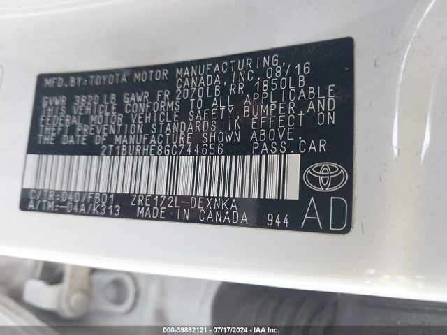 Toyota COROLLA LE 2016 2T1BURHE8GC744656 Image 9
