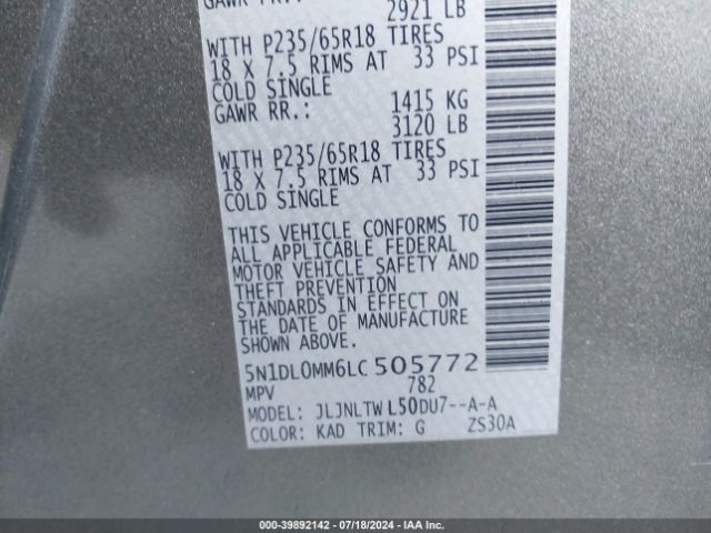5N1DL0MM6LC505772 Infiniti Qx60 Luxe Awd