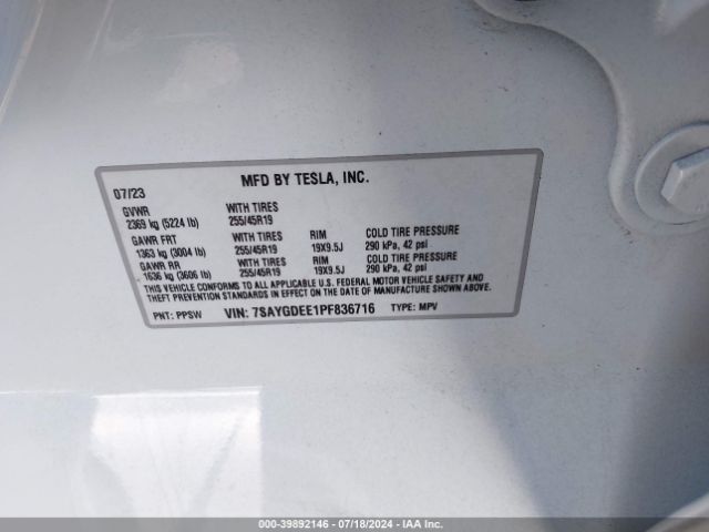 7SAYGDEE1PF836716 Tesla Model Y Awd/long Range Dual Motor All-wheel Drive