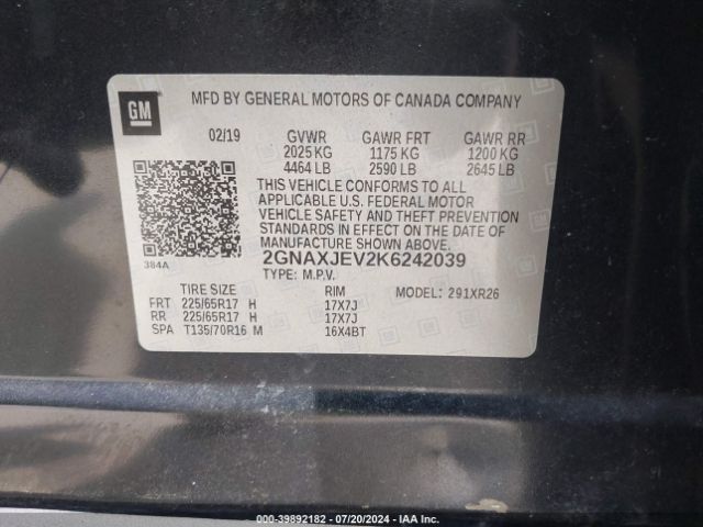 2GNAXJEV2K6242039 Chevrolet EQUINOX LT
