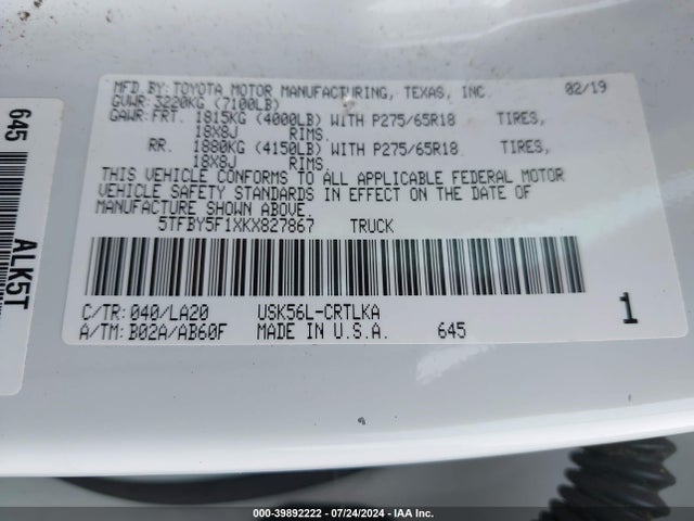 5TFBY5F1XKX827867 Toyota Tundra Limited 5.7l V8