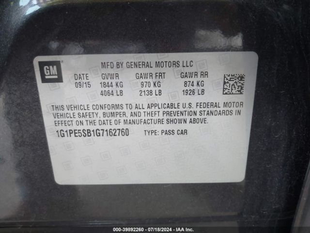 1G1PE5SB1G7162760 Chevrolet Cruze Limited 1lt Auto