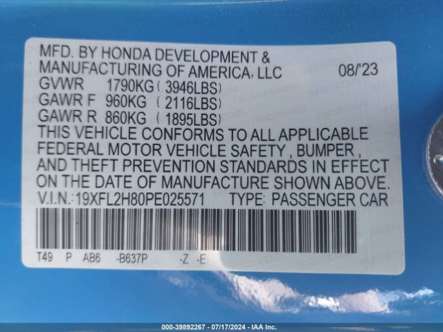 19XFL2H80PE025571 Honda Civic Sport