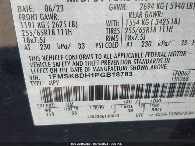 Ford EXPLORER XLT 2023 1FMSK8DH1PGB18783 Image 9