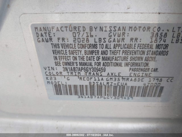Nissan SENTRA SR 2016 3N1AB7AP6GY309459 Image 9