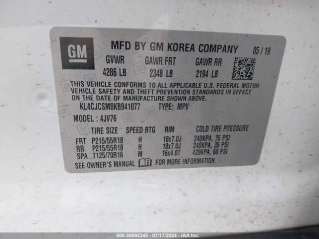 KL4CJCSM8KB941077 Buick Encore Fwd Essence