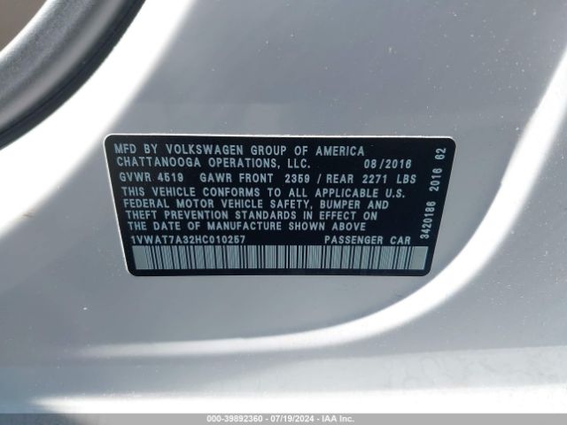 1VWAT7A32HC010257 Volkswagen Passat 1.8t S