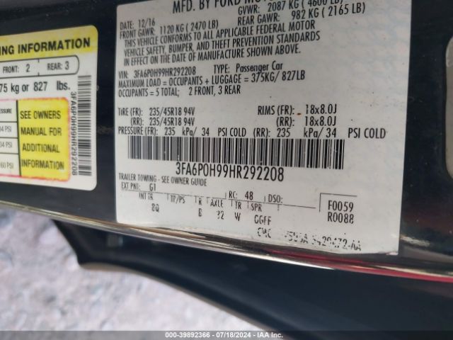 3FA6P0H99HR292208 Ford FUSION SE
