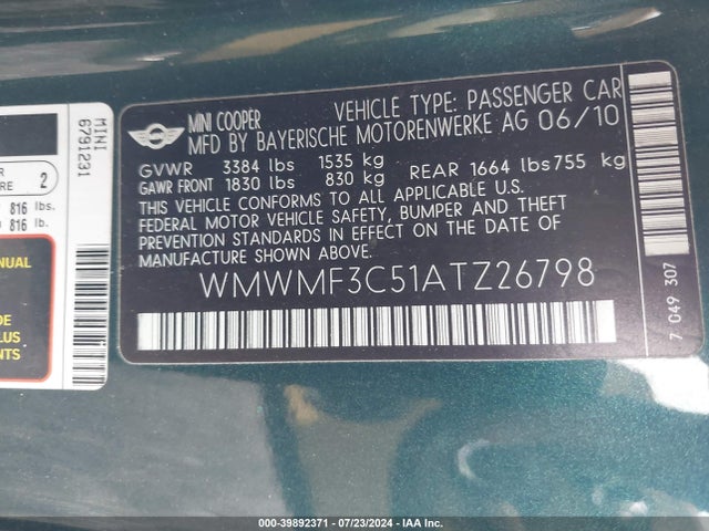 2010 MINI COOPER WMWMF3C51ATZ26798 Photo 8