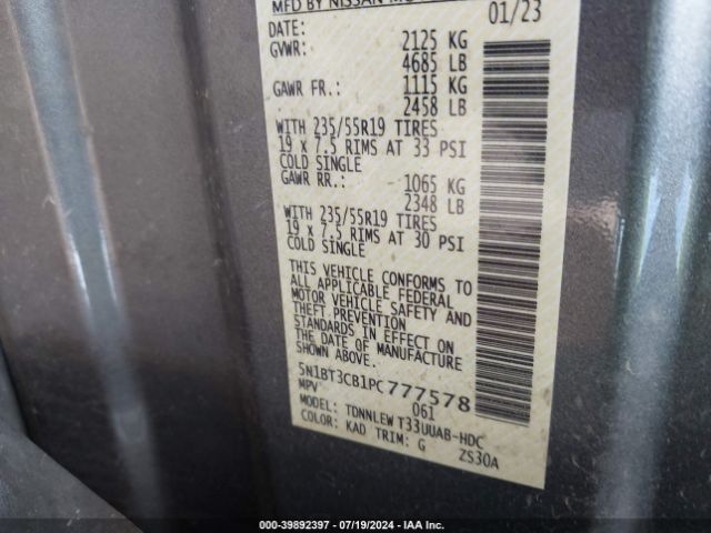 5N1BT3CB1PC777578 Nissan Rogue Sl Intelligent Awd