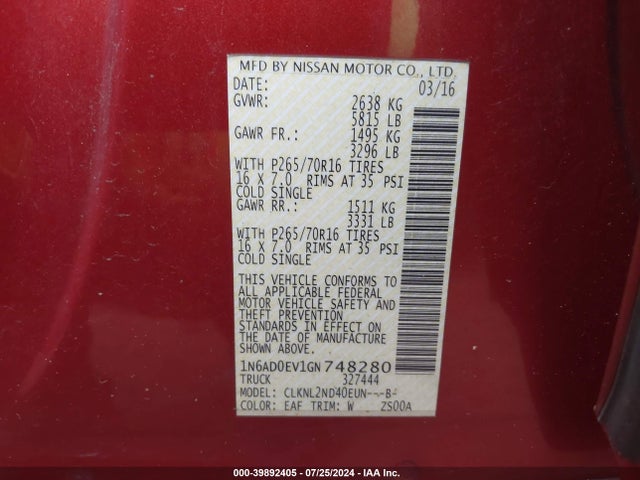Nissan Frontier Pro-4x/s/sl/sv 2016 1N6AD0EV1GN748280 Image 9