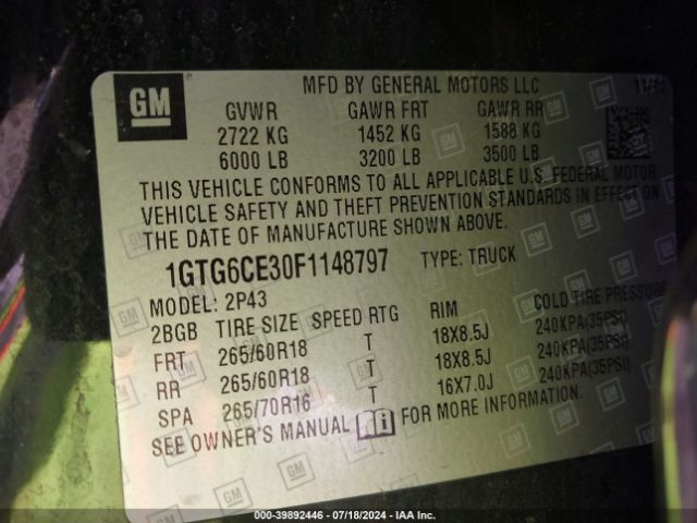1GTG6CE30F1148797 GMC CANYON SLT