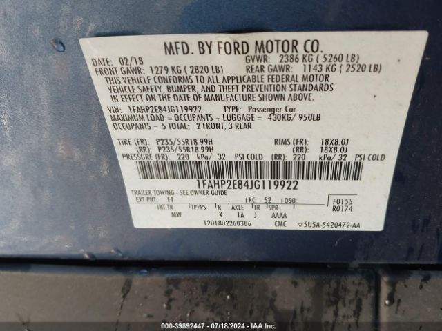 1FAHP2E84JG119922 Ford TAURUS SEL