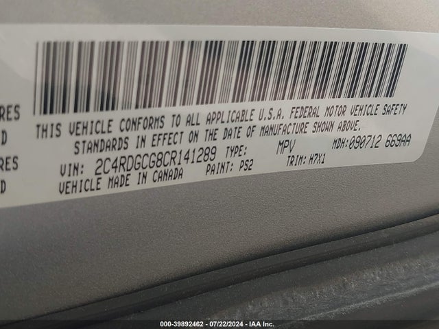 39892462 :رقم المزاد ، 2C4RDGCG8CR141289 vin ، 2012 Dodge Grand Caravan Sxt مزاد بيع