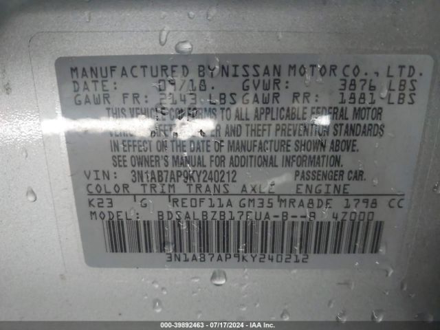 3N1AB7AP9KY240212 Nissan SENTRA S
