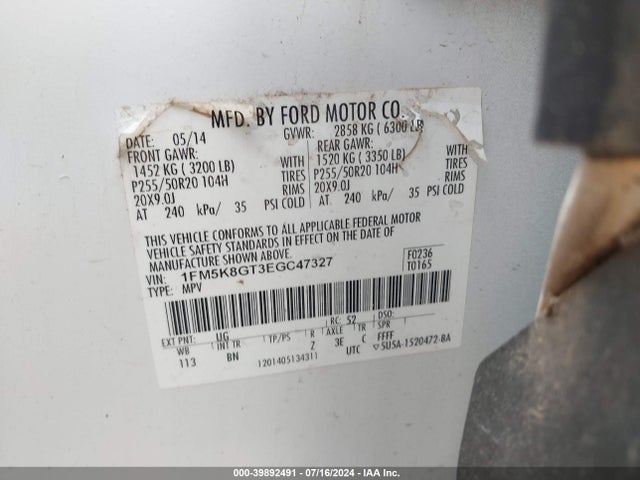 Ford EXPLORER SPORT 2014 1FM5K8GT3EGC47327 Image 9