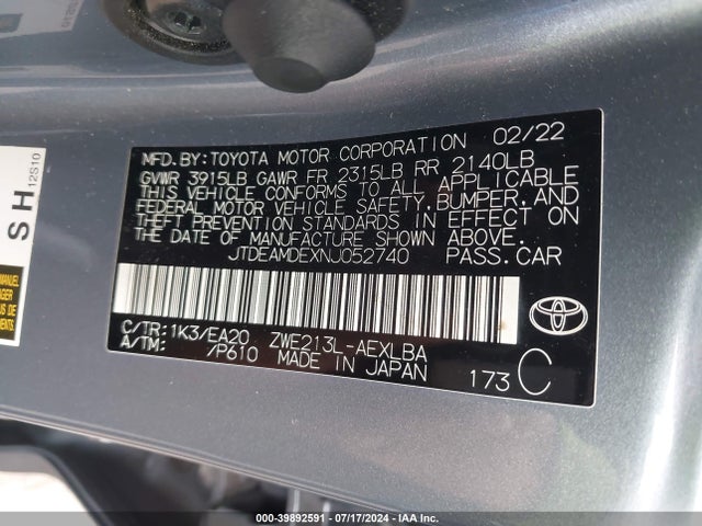 JTDEAMDEXNJ052740 Toyota Corolla Hybrid Le