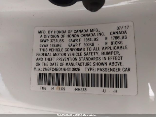 2HGFC4B04HH310926 Honda Civic Lx-p