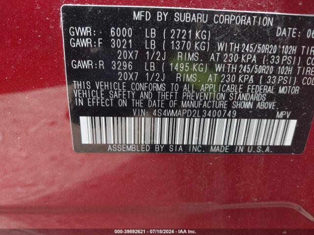 4S4WMAPD2L3400749 Subaru Ascent Limited