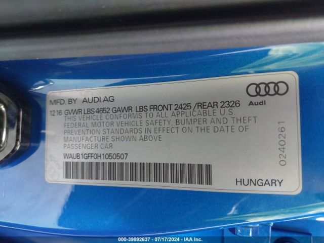 WAUB1GFF0H1050507 Audi S3 2.0t Premium Plus