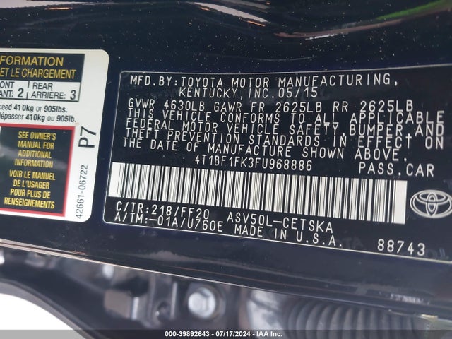 Toyota CAMRY SE 2015 4T1BF1FK3FU968886 Image 9