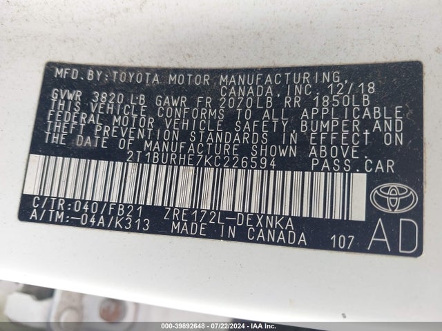 Toyota COROLLA LE 2019 2T1BURHE7KC226594 Image 9