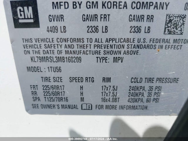 Chevrolet Trailblazer Awd Lt 2021 KL79MRSL3MB160209 Image 9