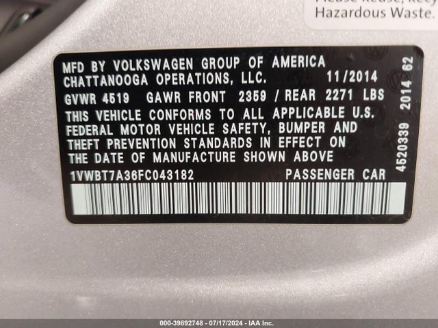 1VWBT7A36FC043182 Volkswagen Passat 1.8t Se