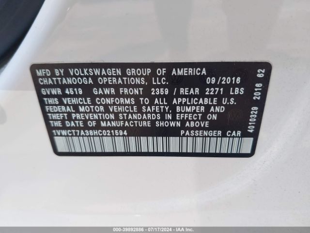 1VWCT7A38HC021594 Volkswagen Passat 1.8t Sel Premium