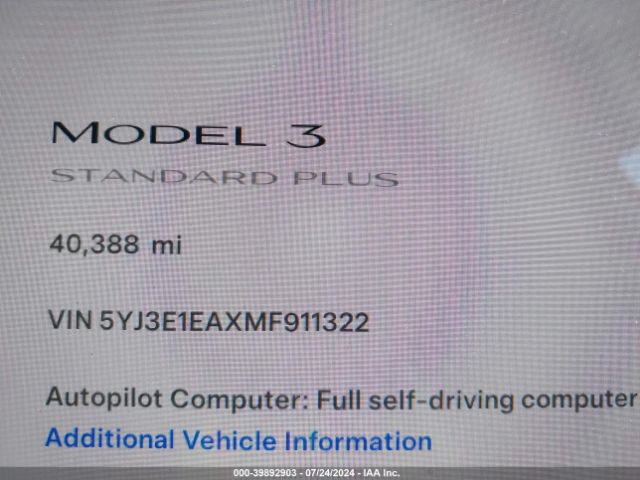 5YJ3E1EAXMF911322 Tesla Model 3 Standard Range Plus Rear-wheel Drive